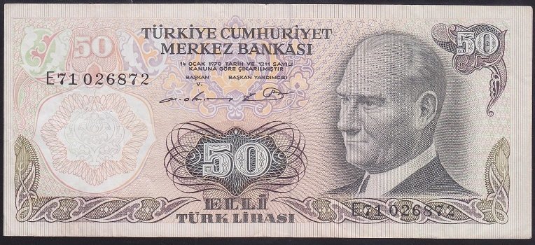 6.EMİSYON 1.TERTİP 50 LİRA E71 026872 ÇOK TEMİZ +