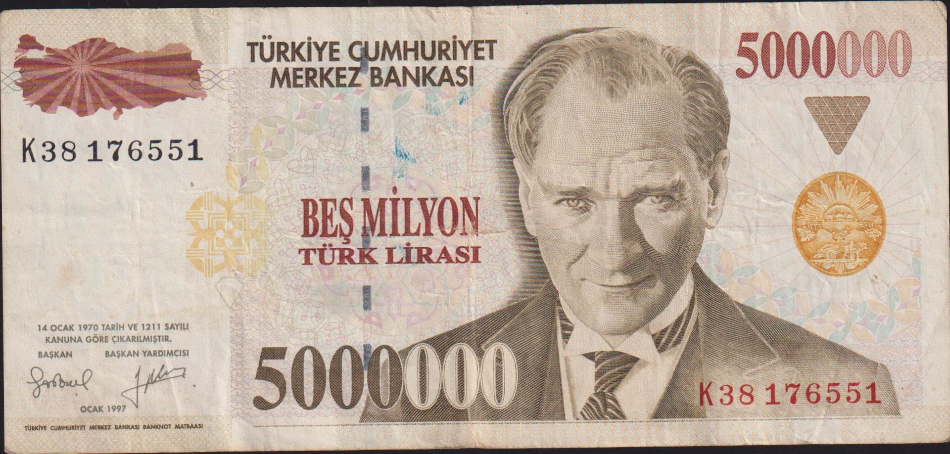 7.Emisyon 5 000 000 Lira K38 176551 Çok Temiz