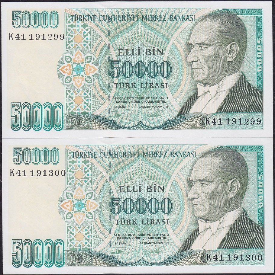 7.Emisyon 2.Tertip 50000 Lira K41 191299-300 Seri Takipli Çil