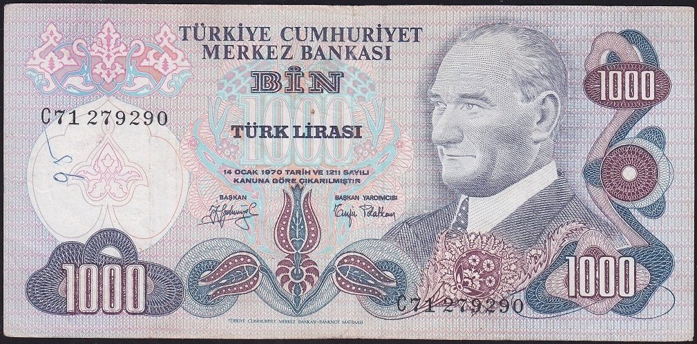 6.Emisyon 2.Tertip 1000 Lira C71 279290 Çok Temiz