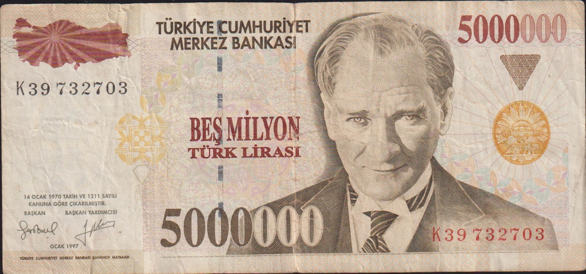 7.Emisyon 5 000 000 Lira K39 732703 Çok Temiz