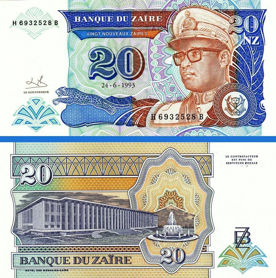 Zaire 20 Nouveaux Zaires 1993 Çilaltı Çil Pick 56