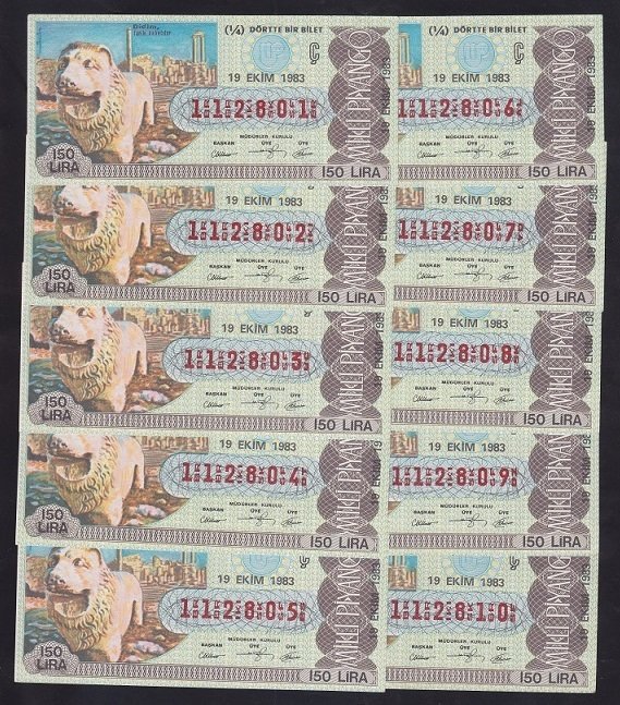 1983 19 EKİM ÇEYREK BİLET SERİ TAKİPLİ 10 ADET