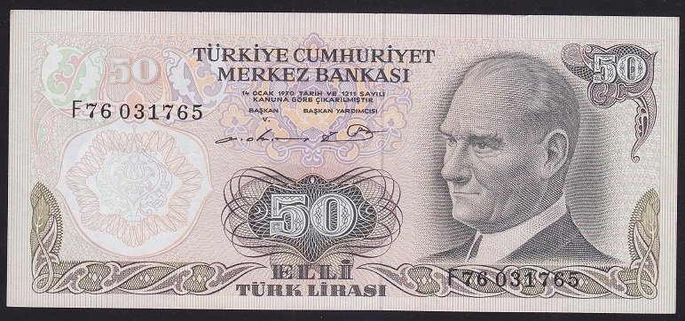 6.EMİSYON 1.TERTİP 50 LİRA F76 031765 ÇÇT +