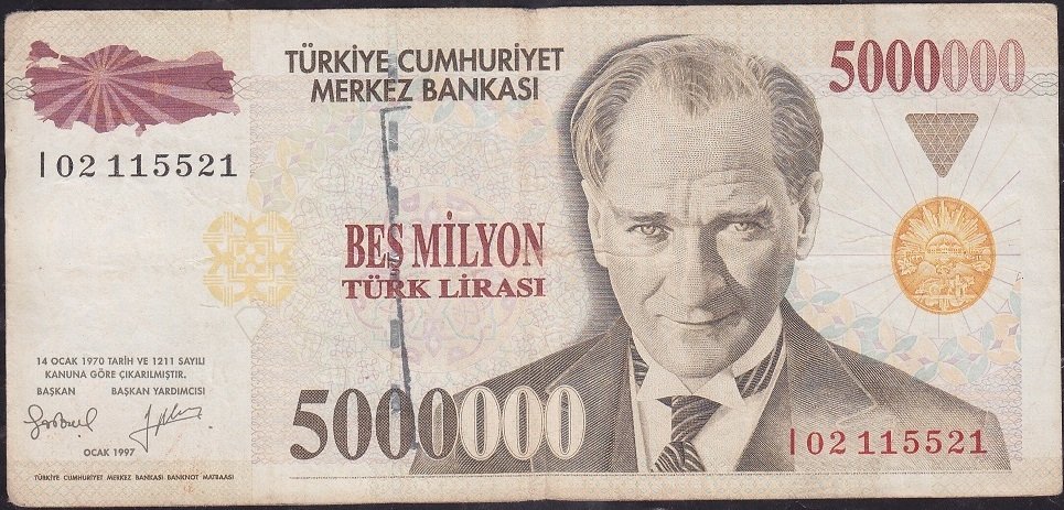 7.Emisyon 5 000 000 Lira I02 115521 Çok Temiz