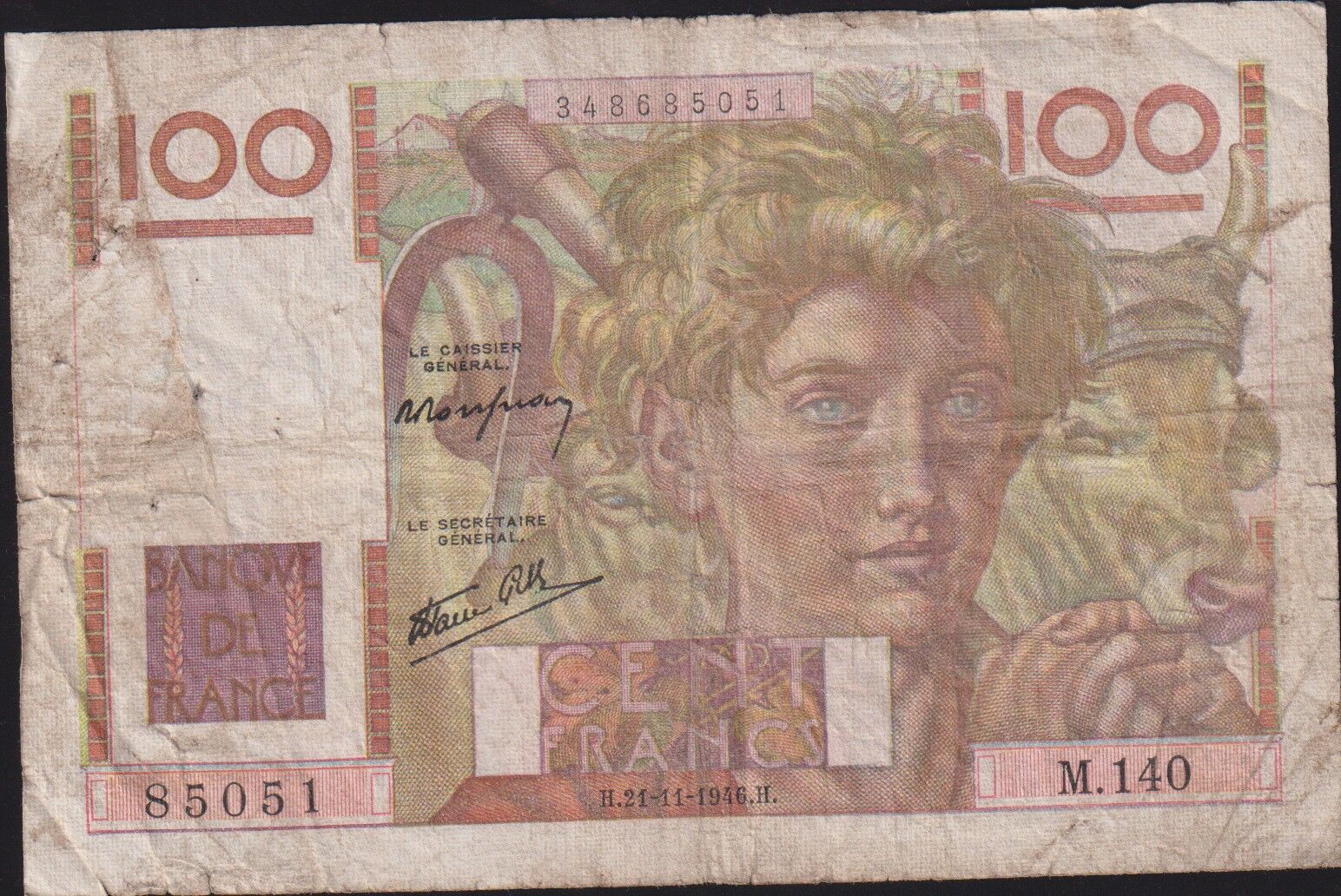 Fransa 100 Frank 21 Kasım 1946 Çok Temiz