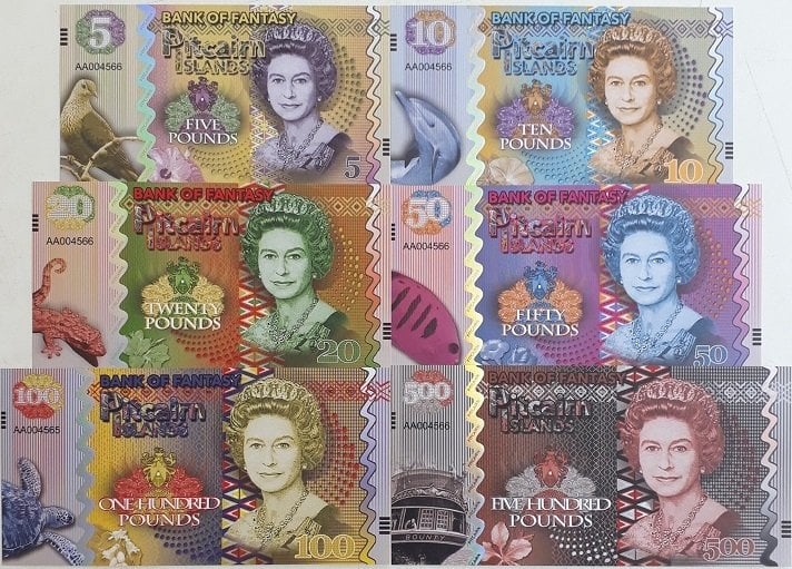 Pitcairn Island 6 Adet Kraliçe Pound Fantazi Para Seti Çil Hepsi Aynı Numara