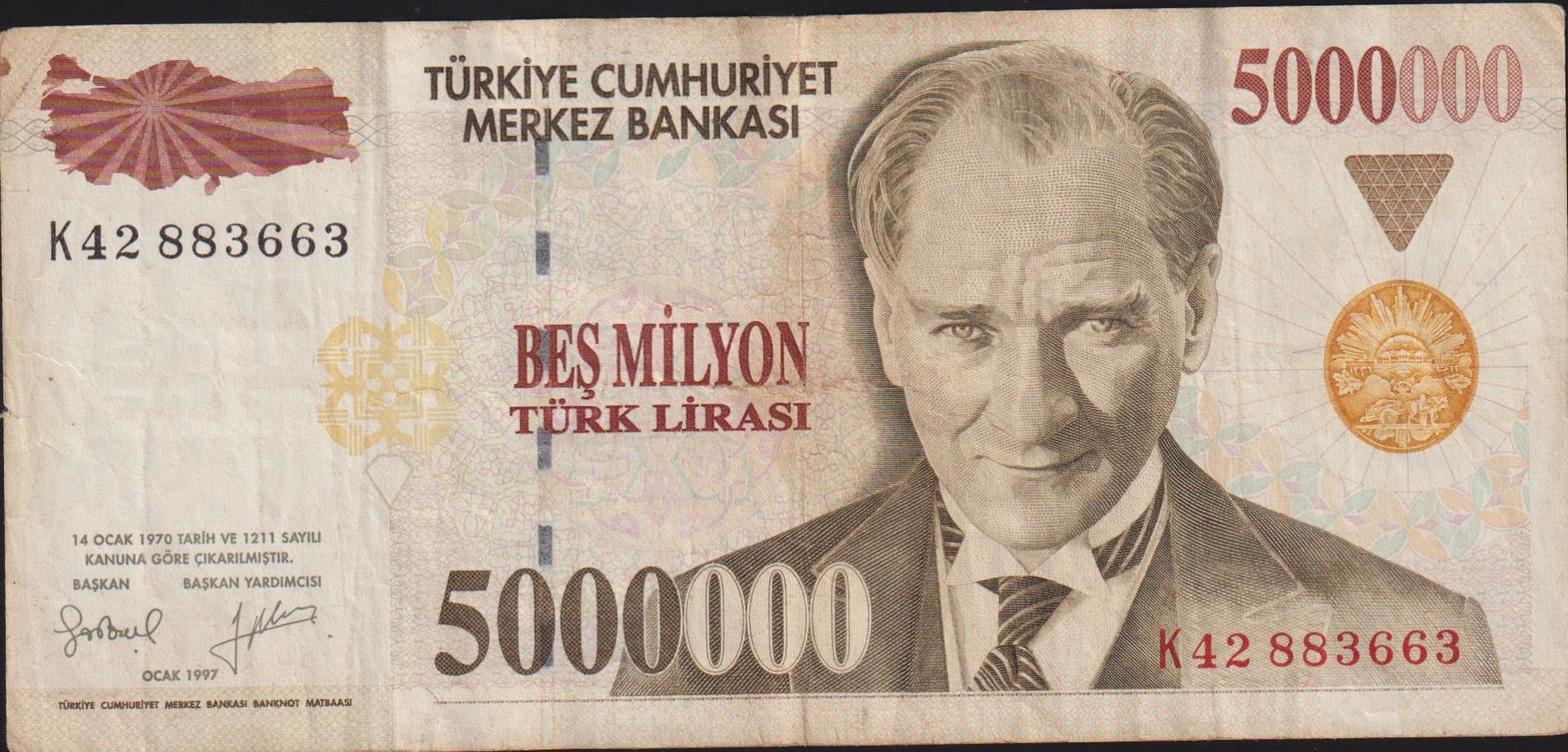 7.Emisyon 5 000 000 Lira K42 883663 Çok Temiz