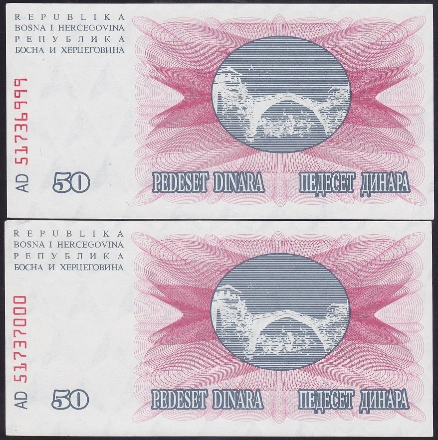 BOSNA HERSEK 50 DİNAR 1992 ÇİL SERİ TAKİPLİ 999 -- 000 2 ADET