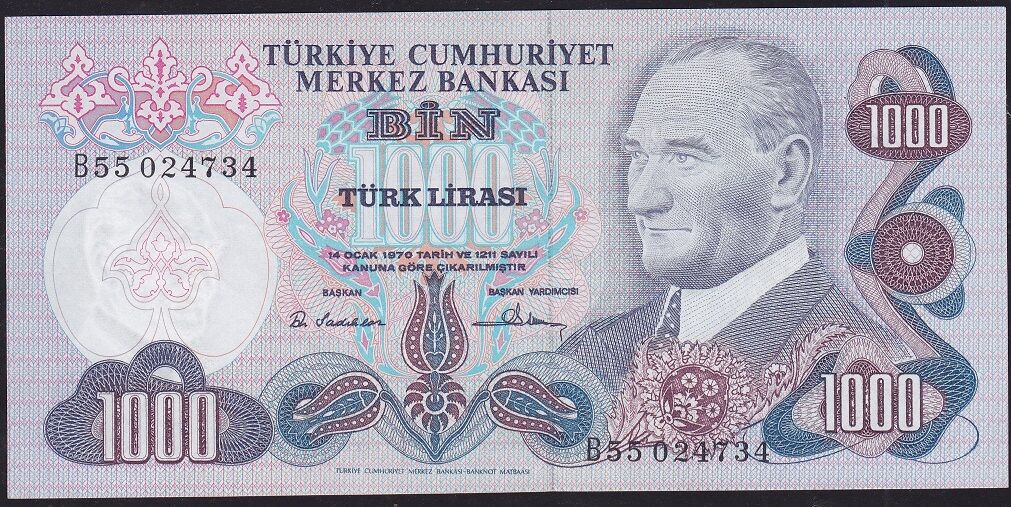 6.Emisyon 1.Tertip 1000 Lira B55 024734 Ççt Çilaltı