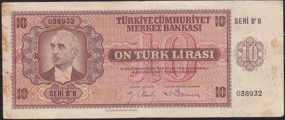 3.Emisyon 10 Lira B8 038932 Çok Temiz+ ( Açıklamayı Okuyunuz )