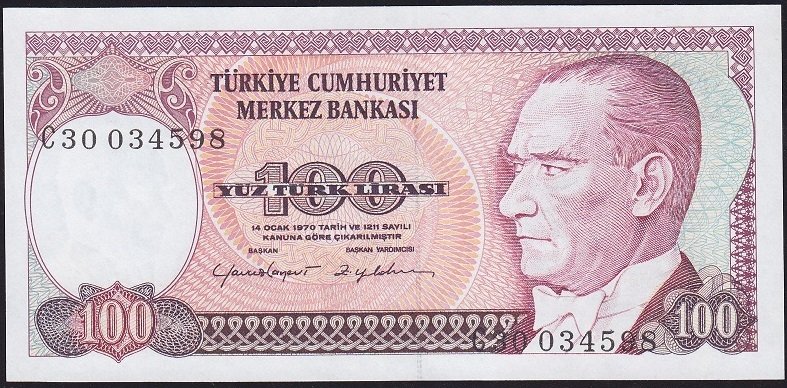 7.Emisyon 2.Tertip 100 Lira C30 034598 Çil