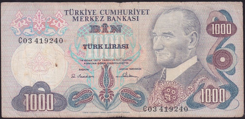 6.Emisyon 1.Tertip 1000 Lira C03 419240 Çok Temiz