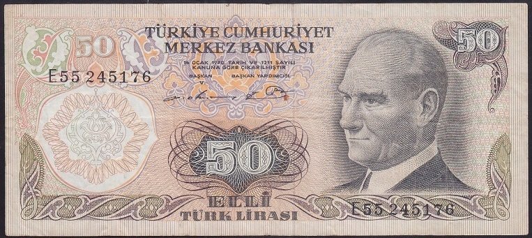 6.EMİSYON 1.TERTİP 50 LİRA E55 245176 ÇOK TEMİZ