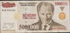 7.Emisyon 5 000 000 Lira K44 758391 Çok Temiz+