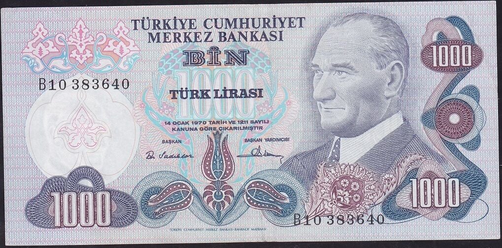 6.Emisyon 1.Tertip 1000 Lira B10 383640 Çok Çok Temiz+
