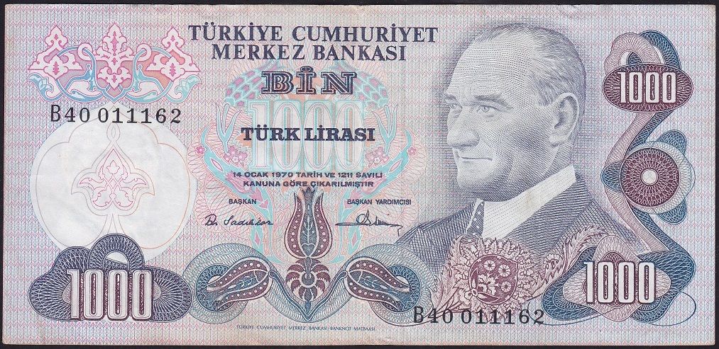 6.Emisyon 1.Tertip 1000 Lira B40 011162 Çok Temiz+