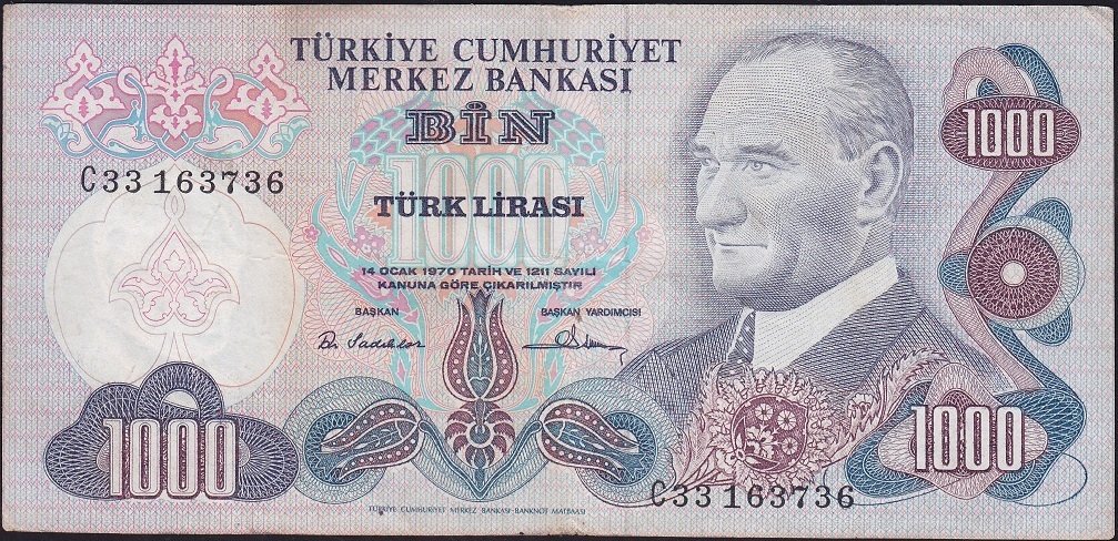 6.Emisyon 1.Tertip 1000 Lira C33 163736 Çok Temiz