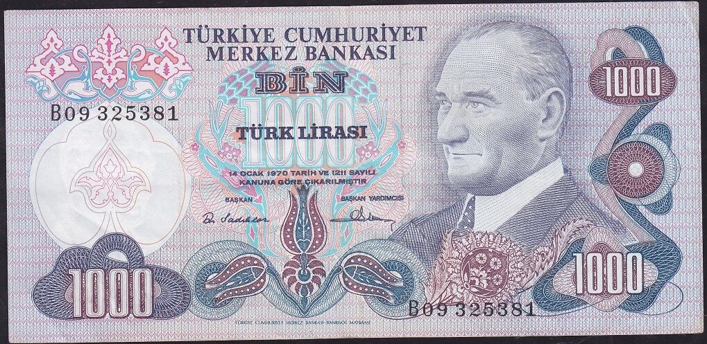 6.Emisyon 1.Tertip 1000 Lira B09 325381 Çok Temiz+