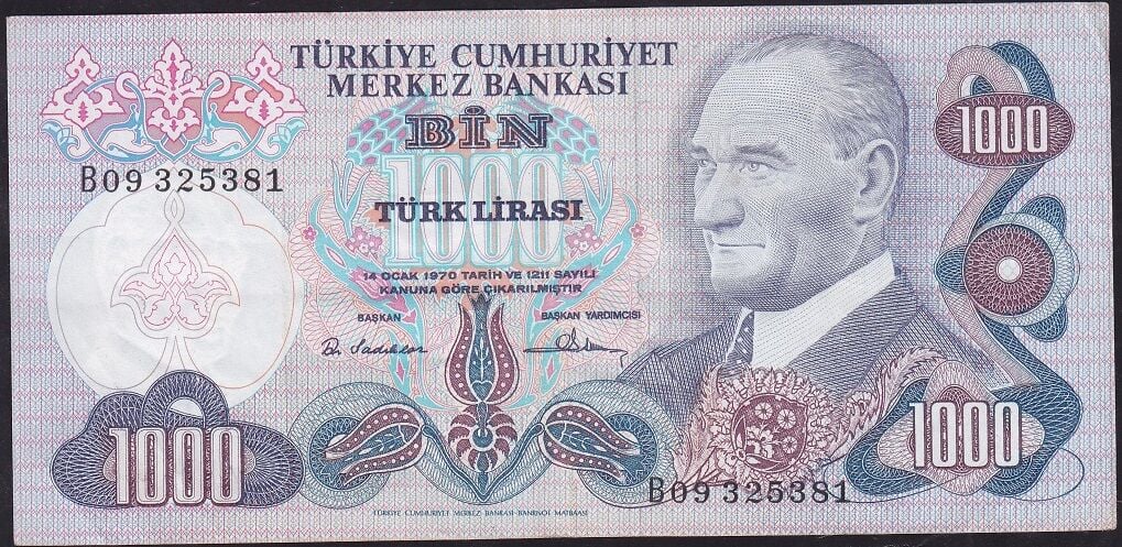 6.Emisyon 1.Tertip 1000 Lira B09 325381 Çok Temiz+