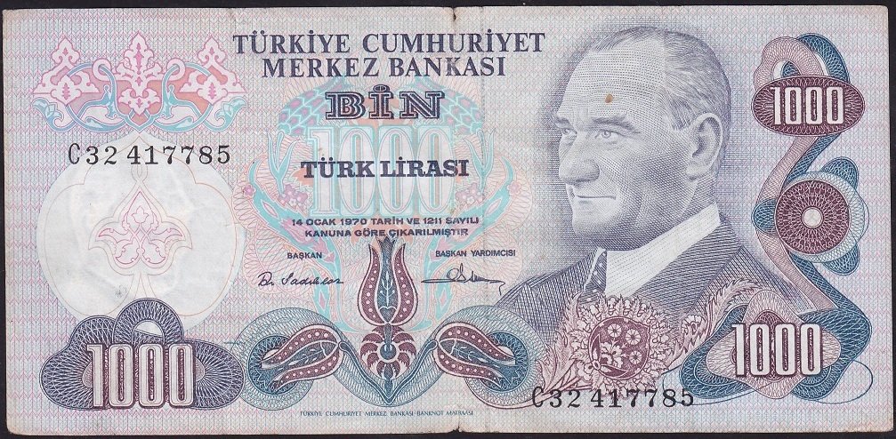 6.Emisyon 1.Tertip 1000 Lira C32 417785 Temiz+
