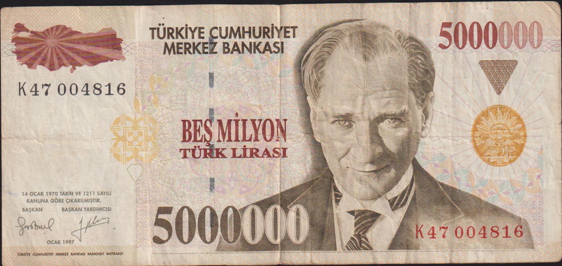 7.Emisyon 5 000 000 Lira K47 004816 Çok Temiz
