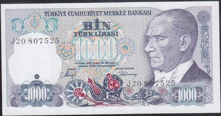 7.Emisyon 2.Tertip 1000 Lira J20 807525 Çilaltı