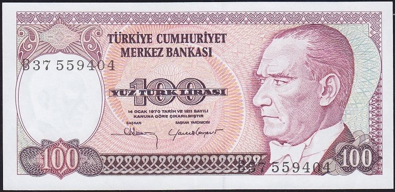 7.Emisyon 1.Tertip 100 Lira B37 559404 Çilaltı