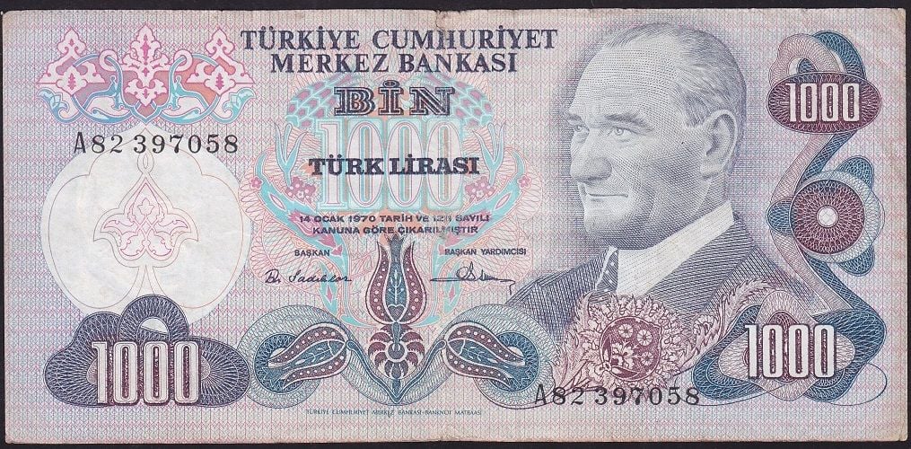 6.Emisyon 1.Tertip 1000 Lira A82 397058 Çok Temiz