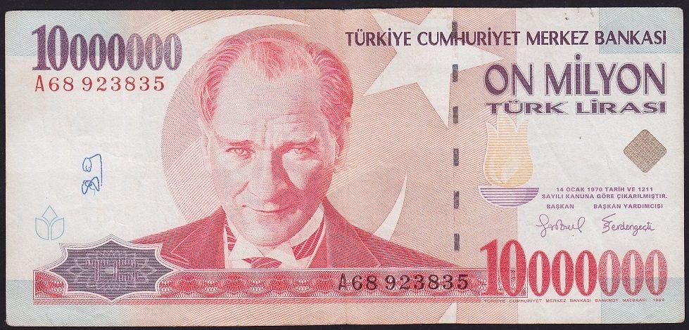 7.Emisyon 10 000 000 Lira A68 923835 Çok Temiz