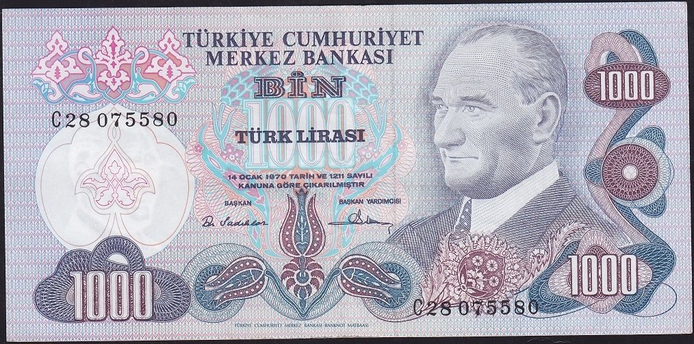 6.Emisyon 1.Tertip 1000 Lira C28 075580 Çok Çok Temiz