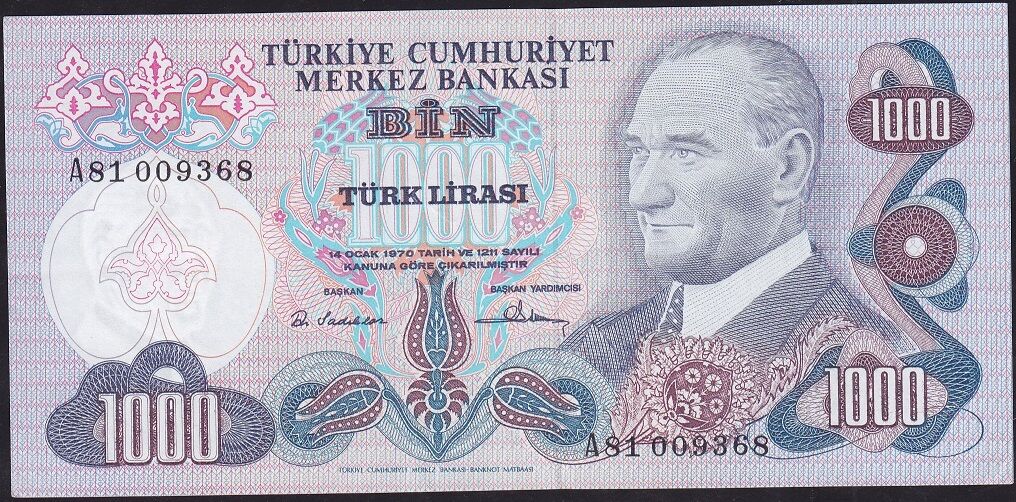 6.Emisyon 1.Tertip 1000 Lira A81 009368 Çok Çok Temiz