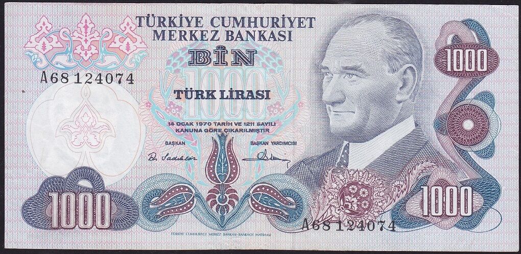 6.Emisyon 1.Tertip 1000 Lira A68 124074 Çok Temiz+