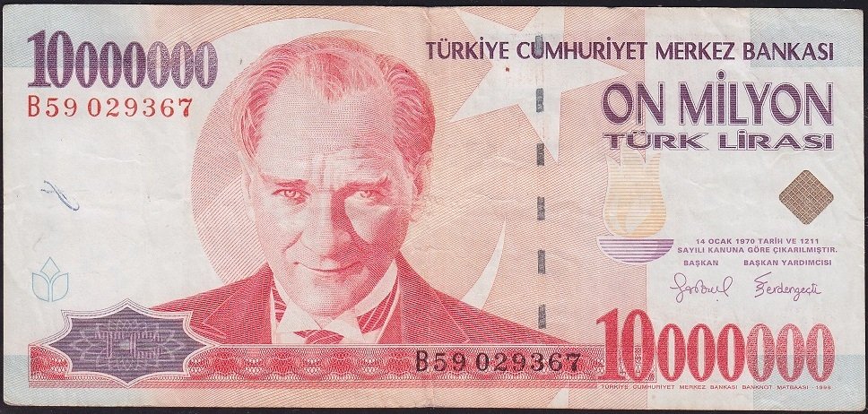 7.Emisyon 10 000 000 Lira B59 029367 Çok Temiz+
