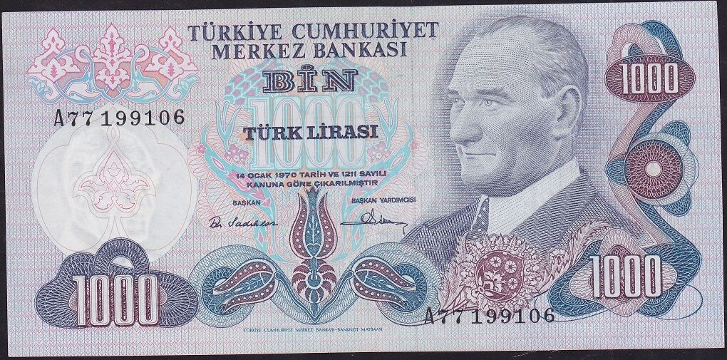 6.Emisyon 1.Tertip 1000 Lira A77 199106 Çok Çok Temiz+