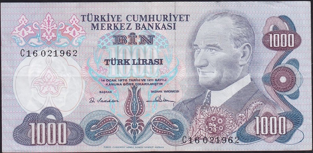 6.Emisyon 1.Tertip 1000 Lira C16 021962 Çok Temiz+