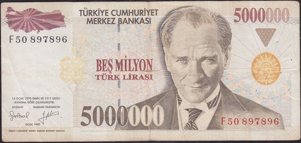 7.Emisyon 5 000 000 Lira F50 897896 Çok Temiz