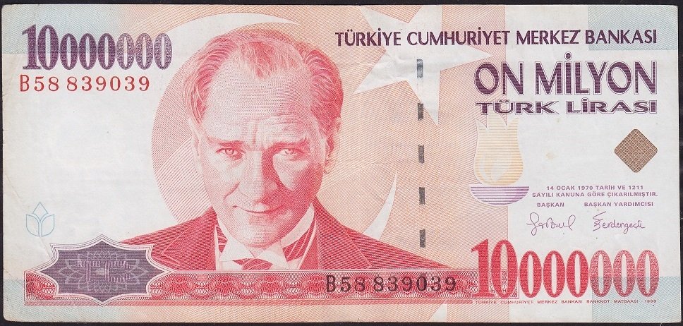 7.Emisyon 10 000 000 Lira B58 839039 Çok Temiz+
