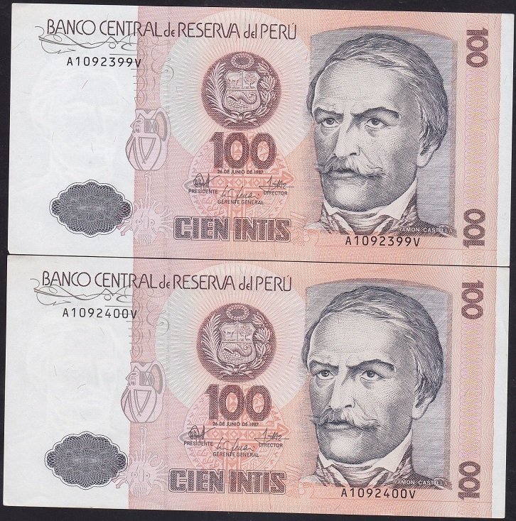 PERU 100 İNTİS 1987 ÇİL 2 ADET SERİ TAKİPLİ 399 - 400