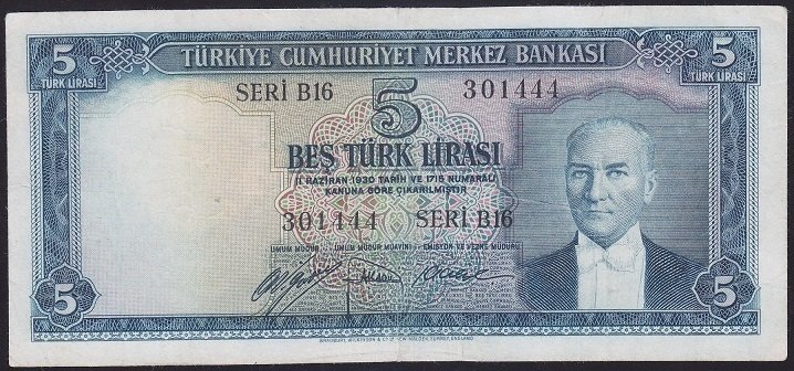 5.EMİSYON 1.TERTİP 5 LİRA B16 301444 TEMİZ (YIKAMA VAR)