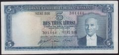 5.EMİSYON 1.TERTİP 5 LİRA B16 301444 TEMİZ (YIKAMA VAR)
