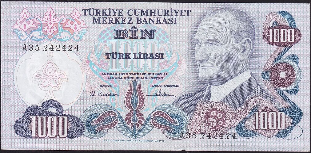 6.Emisyon 1.Tertip 1000 Lira A35 242424 Ççt Çilaltı