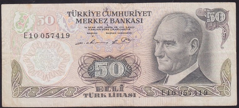 6.EMİSYON 1.TERTİP 50 LİRA E10 057419 ÇOK TEMİZ