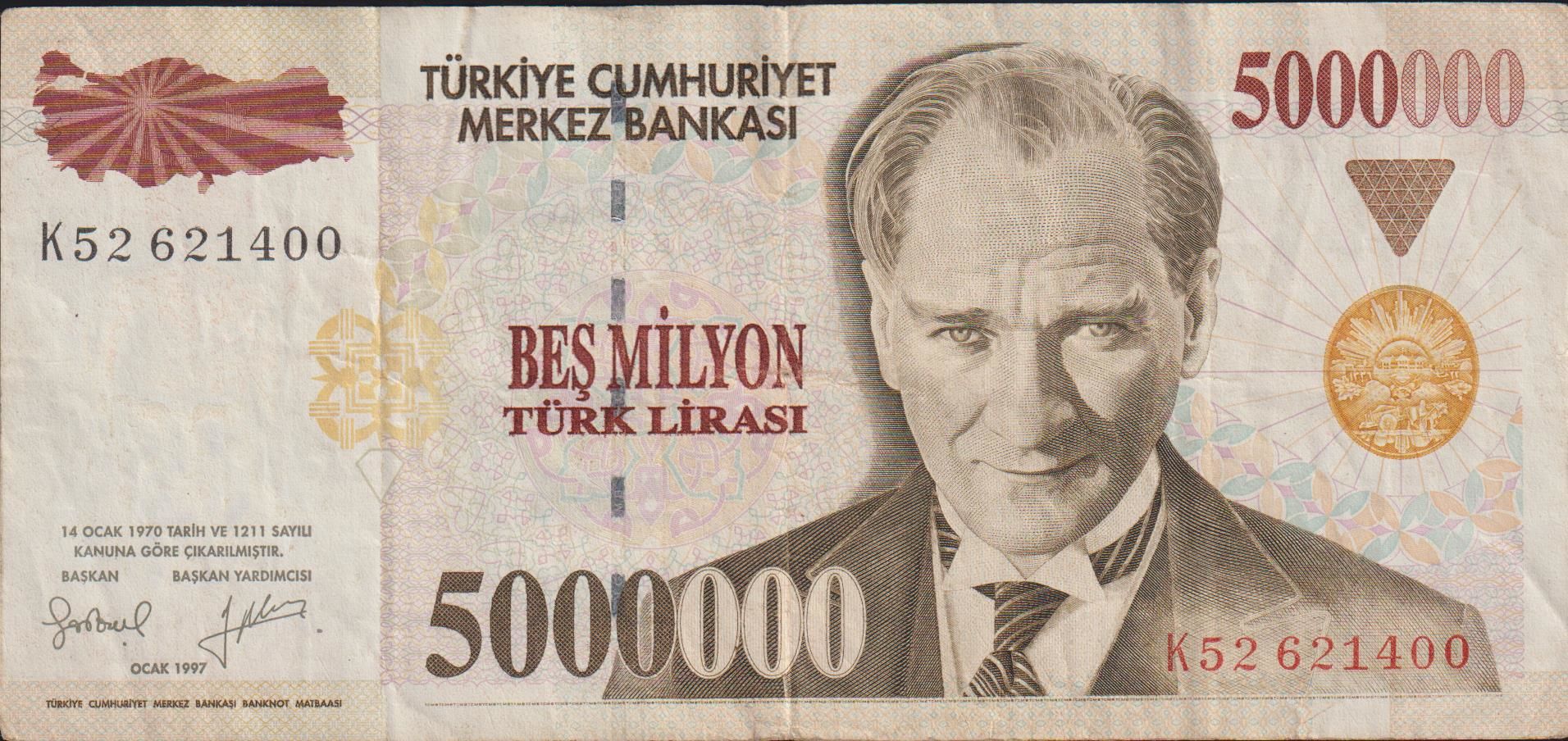 7.Emisyon 5 000 000 Lira K52 621400 Çok Temiz+