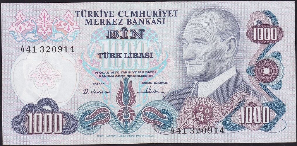 6.Emisyon 1.Tertip 1000 Lira A41 320914 Çok Temiz+