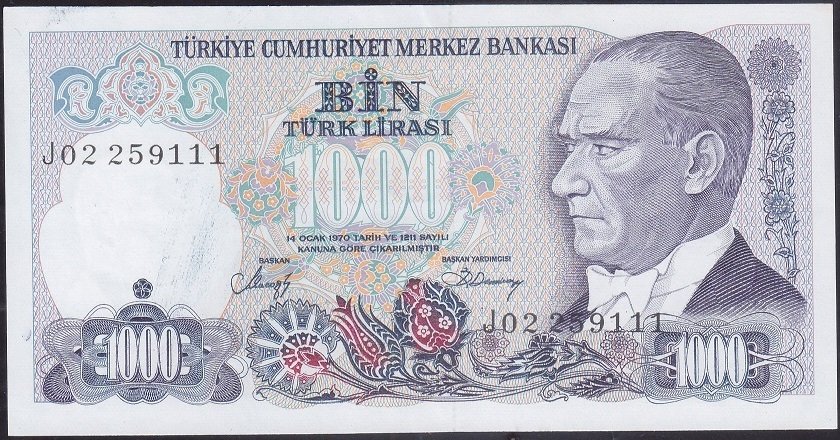 7.Emisyon 2.Tertip 1000 Lira J02 259111 Çilaltı
