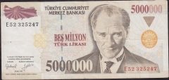 7.Emisyon 5 000 000 Lira E52 325247 Çok Temiz