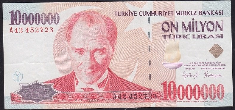 7.EMİSYON 10 000 000 LİRA A42 452723 ÇÇT eski kağıt para koleksiyon