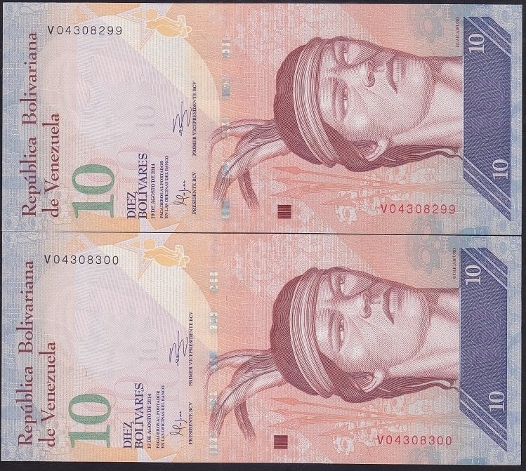 VENEZUELA 10 BOLİVARES 2014 ÇİL SERİ TAKİPLİ 2 ADET 299-300