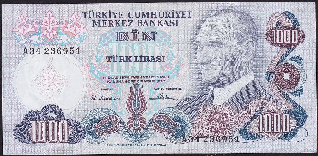 6.Emisyon 1.Tertip 1000 Lira A34 236951 Çok Çok Temiz+